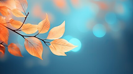  a close up of a branch with leaves on a blue background with a boke of light coming from the top of the branch and a blue sky in the background.  generative ai