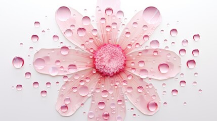  a pink flower with lots of water droplets on it and a pink center with a pink center surrounded by smaller drops of water on a white surface with a white background.  generative ai