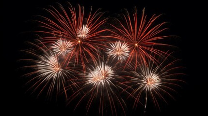 Naklejka premium Silvester New year New Year's Eve Party background banner greeting card firework - Red fireworks, isolated on black night sky background texture