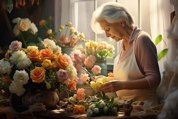 old florist lady collects bouquets - obrazy, fototapety, plakaty
