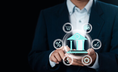 Online banking concept. Businessman using smartphone with online banking digital technology, payment for shopping and digital technology business, Finance and banking network.