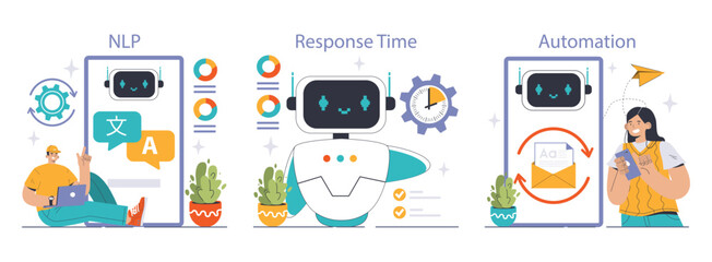 Chatbot technology set. NLP algorithms, swift reply metrics, and digital task automation. Man interacts with AI assistant. User queries, machine learning, efficient communication. vector illustration