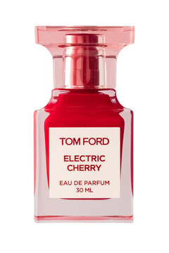 Tom Ford electric cherry perfume on a transparent background. The brand was founded by Tom Ford. Isolated object