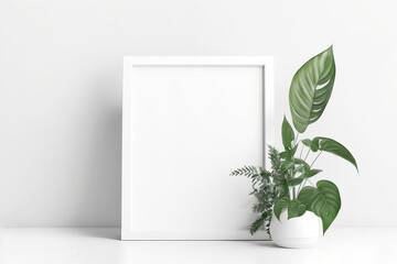 
Vertical white picture frame mockup. White wooden frame, table. Modern vase with green leaves.  White wall background. Scandinavian interior, neutral color.