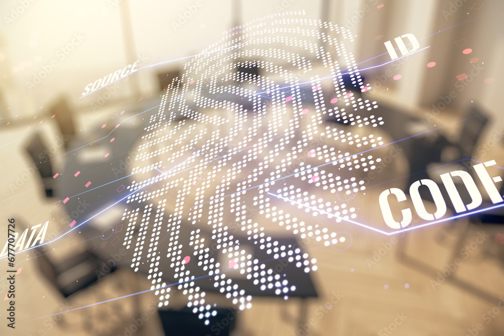 Poster multi exposure of virtual abstract fingerprint illustration on a modern conference room background, 