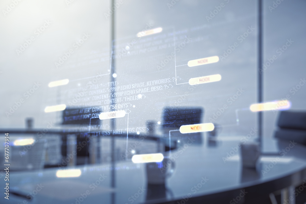 Poster multi exposure of abstract programming language hologram on a modern furnished office interior backg