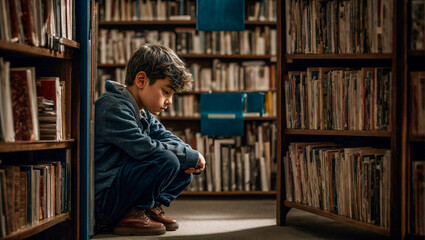 Sad tired boy sitting and looking in to books and notebooks. Education, school, learning difficulties, dyslexia concept - obrazy, fototapety, plakaty