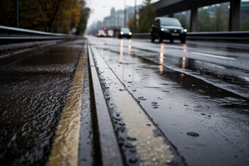 Fototapeta na wymiar Wet road surface after rain fall in the street. Selective focus and shallow depth of field composition.