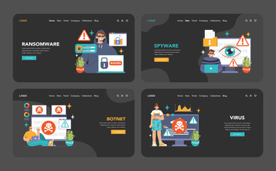 Cybersecurity dark or night mode web, landing set. Protecting data. Users confronting malware types: virus, ransomware, spyware. Adware dangers, botnet traps, worm intrusions. Flat vector illustration