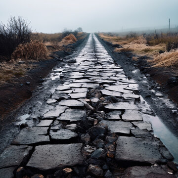 The cracked and severely deteriorated asphalt road after the earthquake