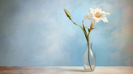  a painting of a single white flower in a glass vase on a table with a blue wall behind it and a blue wall behind the vase with a single white flower.  generative ai