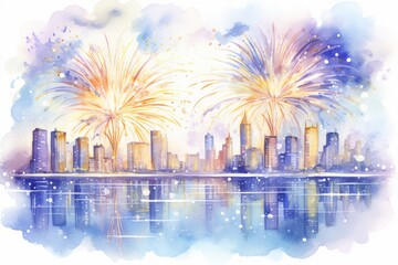 Watercolor fireworks over skyscrapers of big city - obrazy, fototapety, plakaty