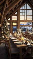  a dining room with a christmas tree in the middle of the room and a view of the snow covered mountains outside of the window with candles and plates on the table.  generative ai