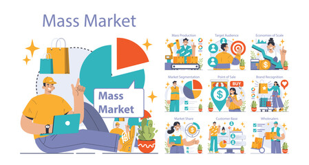 Mass market set. Mass production economics. Targeted audience and market segmentation. Efficiency of production process, distribution, marketing and sales. Flat vector illustration