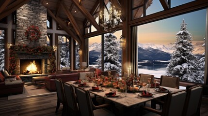  a dining room with a fireplace and a large window with a view of the snow covered mountains and a fireplace in the center of the room is lit up with candles on the table.  generative ai