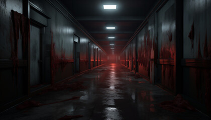Scary creepy abandoned mental hospital hall covered with blood