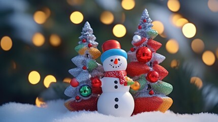  a close up of a snowman in front of a christmas tree with a snowman figurine in the foreground and a christmas tree with lights in the background.  generative ai