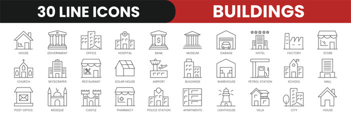 Set of 30 Buildings line icons set. Buildings outline icons with editable stroke collection. Includes Hotel, House, Lighthouse, Hospital, Airport and More.