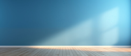 interior with an empty blue wall and wooden floor - obrazy, fototapety, plakaty