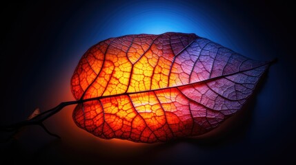  a close up of a leaf with a blue light in the background and a red light in the middle of the leaf 