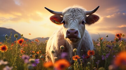  a close up of a cow in a field of flowers with the sun in the background and a mountain range in the distance with clouds and sun shining through the clouds.  generative ai