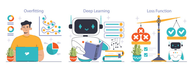 Machine Learning Explained set. Unraveling overfitting, deep dive into neural networks, and the balance of loss function. Charts, programmer, and cute robots guide the way. Flat vector illustration