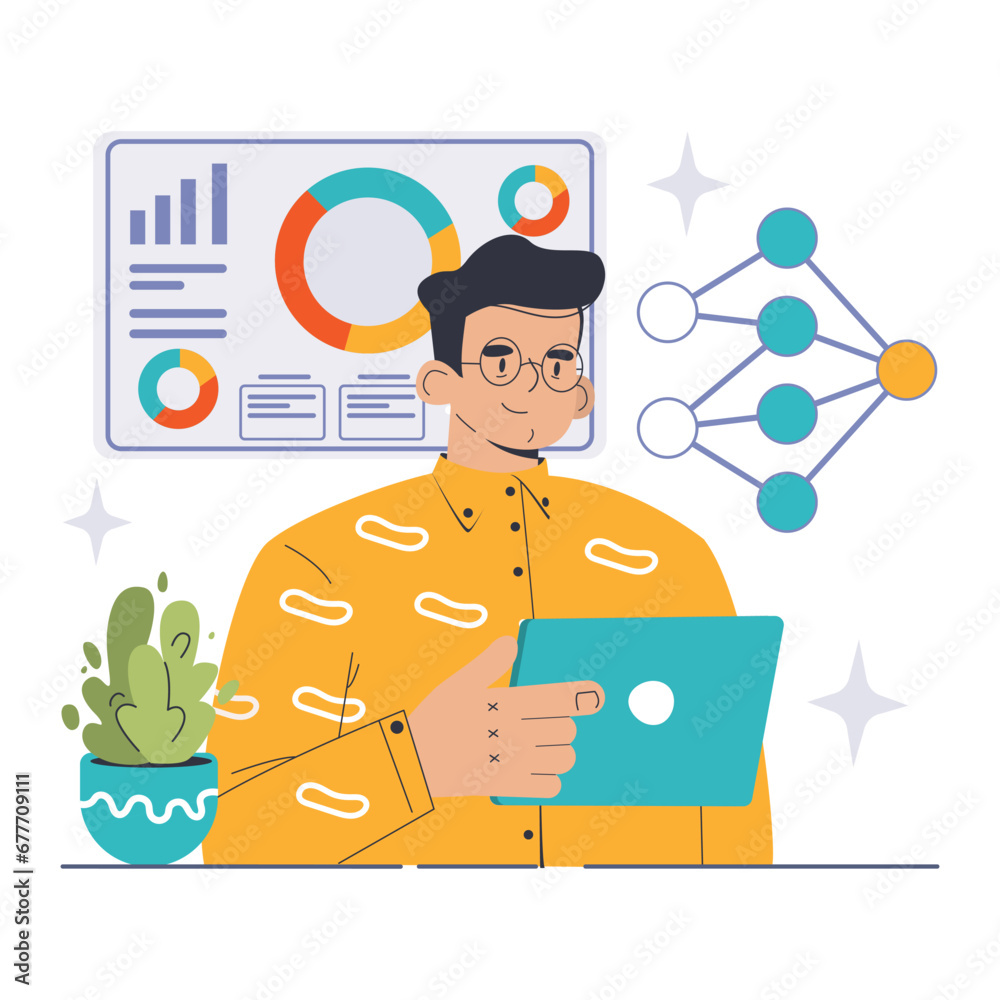 Poster neural network concept. man analyzes data on screen, connection nodes insight. artificial intelligen