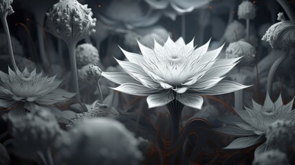  a black and white photo of a white flower in the middle of a group of white flowers in the middle of a black and white photo with a red border.  generative ai