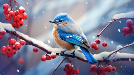  a blue bird sitting on a branch of a tree with red berries in the foreground and a blurry background of snow falling on the branches and berries in the foreground.  generative ai