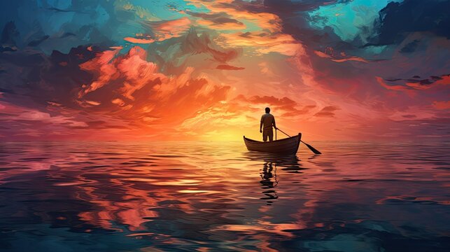  a painting of a man standing on a boat in the middle of a body of water as the sun sets behind a cloudy sky with a man standing on a boat in the water.  generative ai