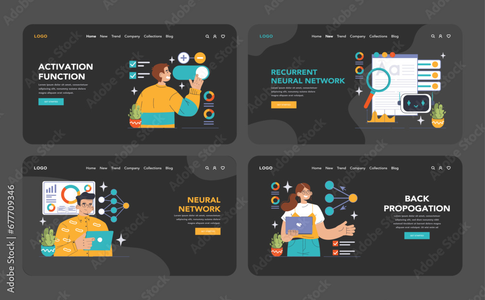 Poster neural network dark or night mode web or landing set. machine learning key concepts. convolutional, 