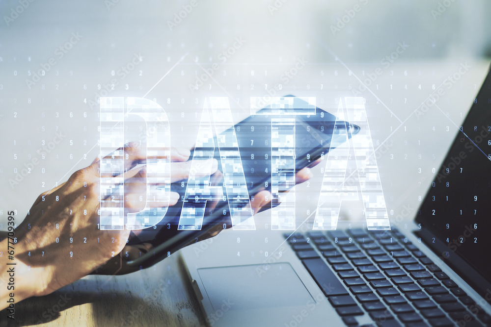 Poster Creative Data word hologram and finger clicks on a digital tablet on background, big data and blockchain concept. Multiexposure