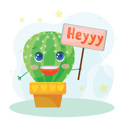 Cute funny faces of cacti in pots and with plants are friends. Indoor plants, succulents. Thorny plants in cartoon style. Vector illustration isolated on white background.
