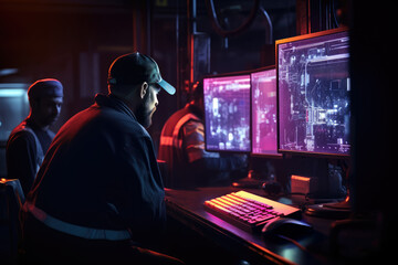 Male officer works on a computer screen with surveillance CCTV Video in factory monitoring data center on a big radar digital screen at harbor background. Employees working in the office. - obrazy, fototapety, plakaty