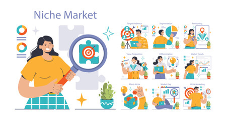 Niche Market set. Exploring target audience, value proposition, and market trends. Segmentation, differentiation, and positioning strategies. Micro-niche discovery. Flat vector illustration