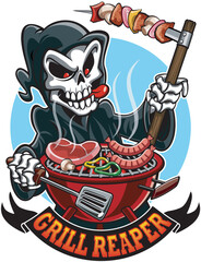 Grim reaper barbecuing and banner with text “grill reaper”