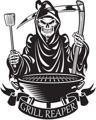 Grim reaper barbecuing and banner with text “grill reaper”