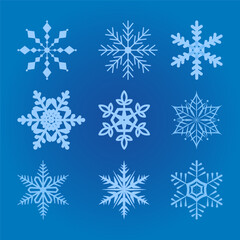 Fototapeta na wymiar Set of snowflakes on a blue background. Decorative elements for greeting cards, holiday backgrounds, wrapping, fabric, banners. Vector illustration. 