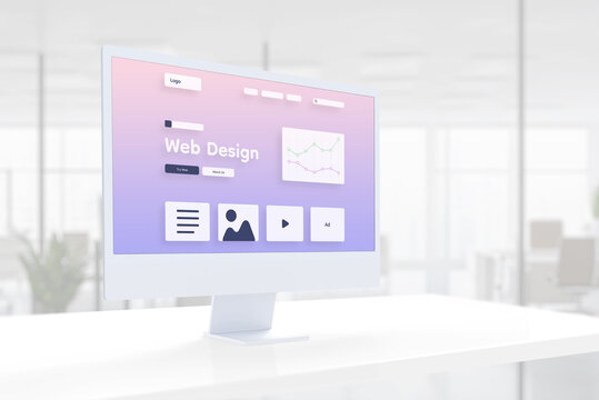 Modern web design studio page layout hovers on a computer display in a modern studio office