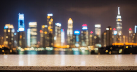 Empty surface foreground, a blurry city skyline at night; suitable for branding displays.
