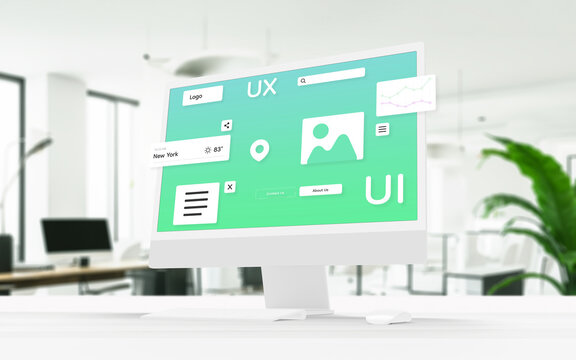 Computer display showcasing user interface modules, icons, and elements seamlessly hovering. UI design and development concept