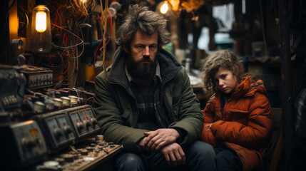 Obraz premium Anxious and tired unshaven dad with his young daughter dressed with warm clothes inside a dark technical room without heating