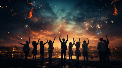 Back view of some happy young people with their arms raised to the sky to celebrate fireworks with a night city skyline and blue and orange clouds in background - obrazy, fototapety, plakaty