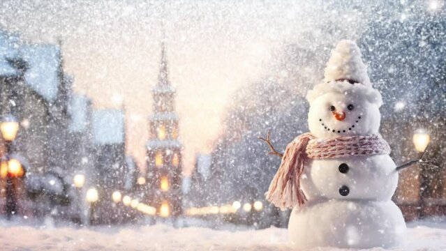 A snowy white Christmas winter landscape, a white snowman wearing a scarf on a snowy road and a church, and a cozy and warm Christmas background
