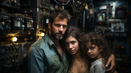 Fototapeta na wymiar Tired and anxious couple with his young daughter dressed with dirty clothes inside a dark technical room like a basement