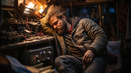 Fototapeta na wymiar Tired unshaven man dressed with winter clothes sleeping in front of an electrical devices inside a small dark room without heating