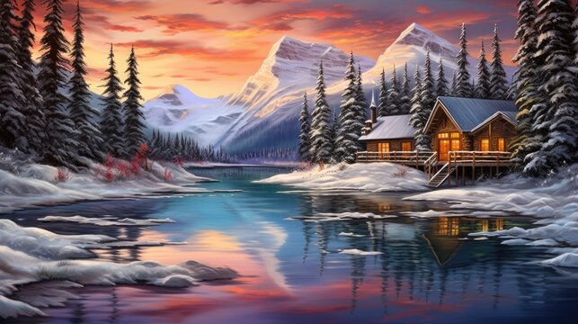  a painting of a cabin by a lake with snow on the ground and a mountain in the background with snow on the ground and a lake in the foreground.  generative ai