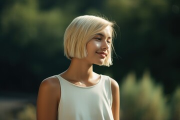 Naklejka premium Close-Up Portrait of a Young Caucasian Fictional Woman with Short Blond Hair in a Bob Hairstyle. Beautiful Smiling Model. Generative AI.