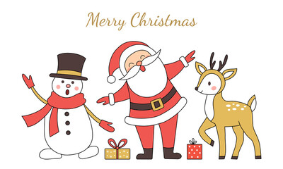 Christmas card Santa Claus, reindeer and snowman. Vector illustration.