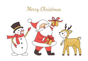 Christmas card Santa Claus, reindeer and snowman. Vector illustration.